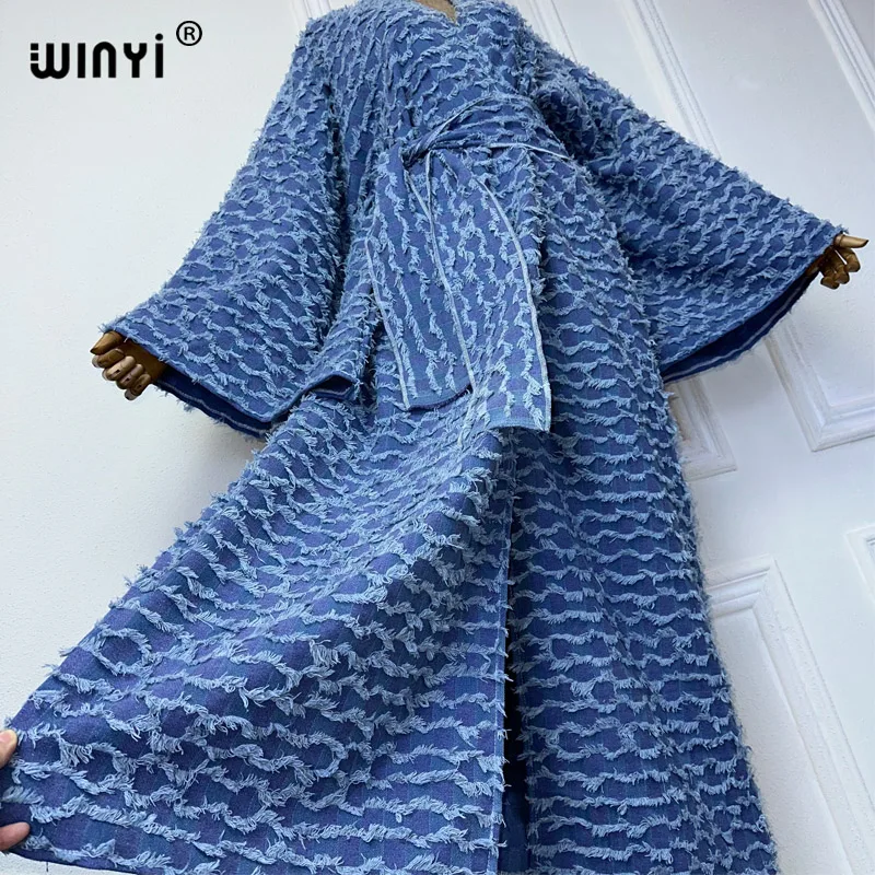 WINYI Kimono Plush everted denim long down overcoat maxi Dress elegant Party Holiday Swimming beach Cover Up fashion dress abaya