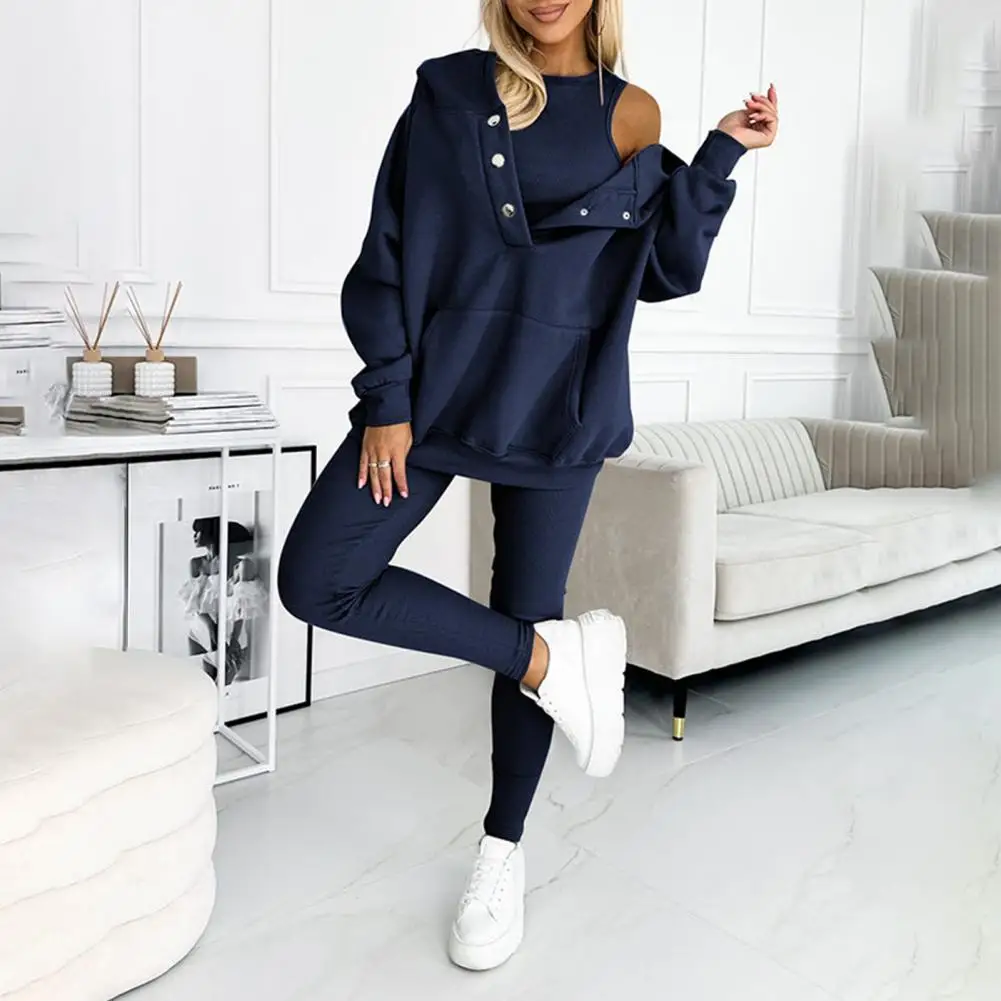 Long-sleeve Hooded Casual Set Women's Casual Hooded Sweatshirt Joggers Set Comfortable Spring Outfit with Solid Color Tracksuit