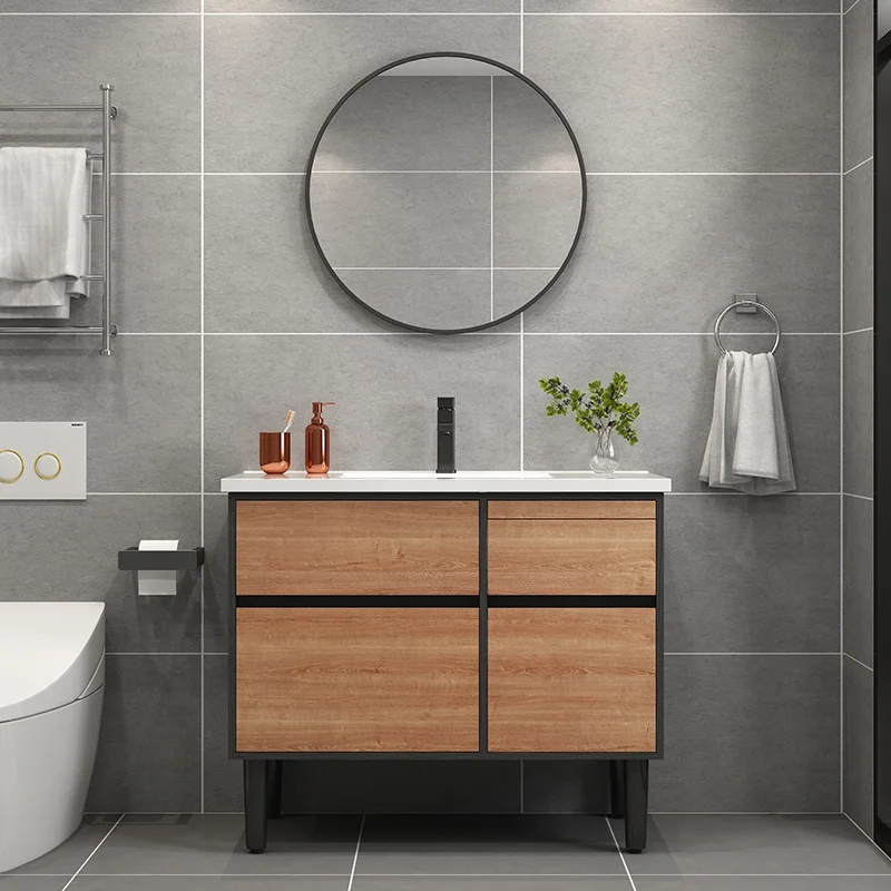 60 Bathroom Vanity Sink Combo Wall Mounted Walnut Veneer  Cabinet Two Drawers Vanity Set White Ceramic Vessel Sink Top