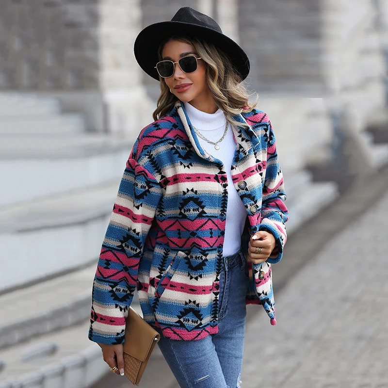 Autumn Winter New Coat 2023 Women New Long Sleeve Button O-neck Geometry Print Fashion Elegant Casual Loose Coat Female Clothing