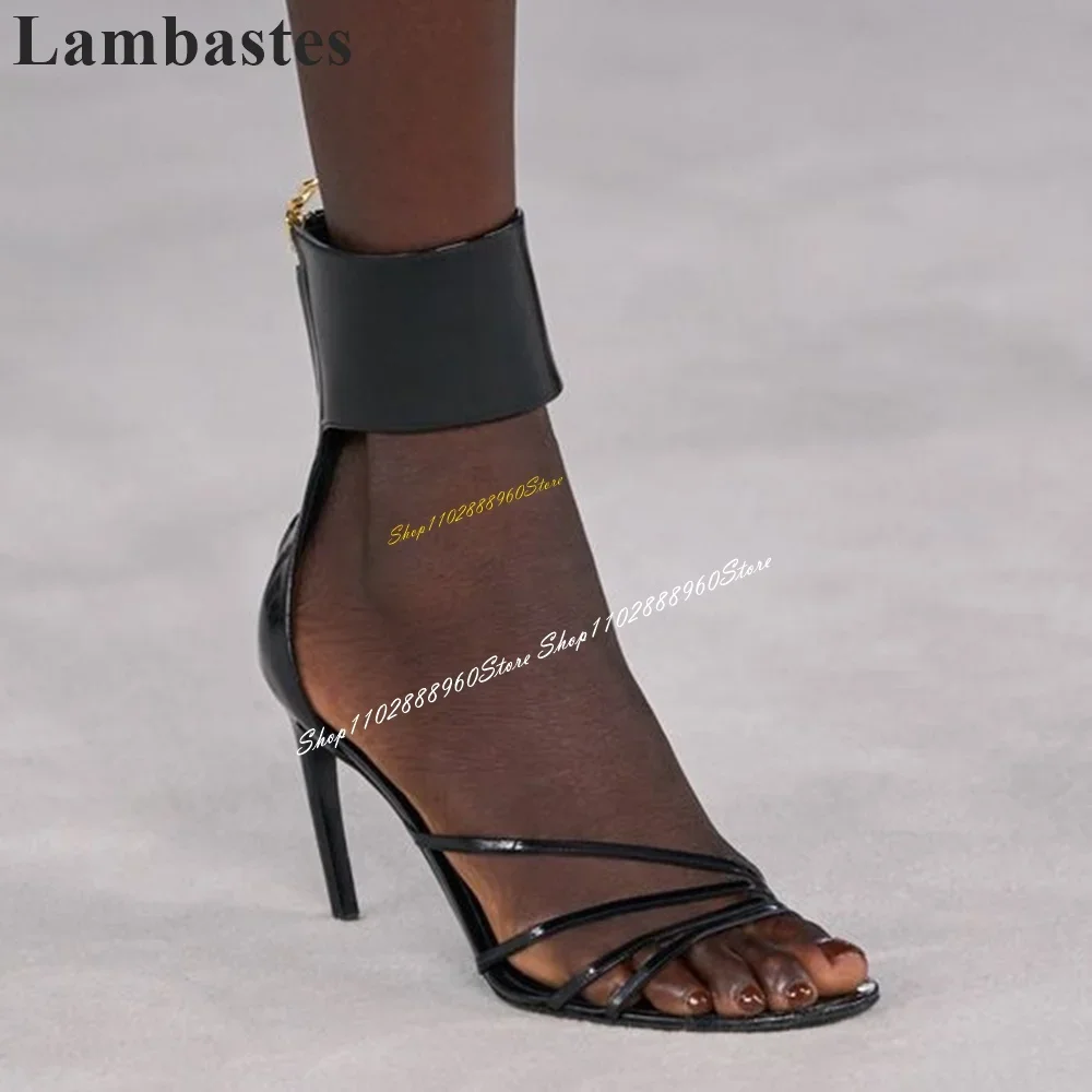 

Sexy Black Narrow Strips Sandals Stilettos High Heel Shoes For Women Back Zipper Open Toe Catwalk Stylish Banquet Women Sandals