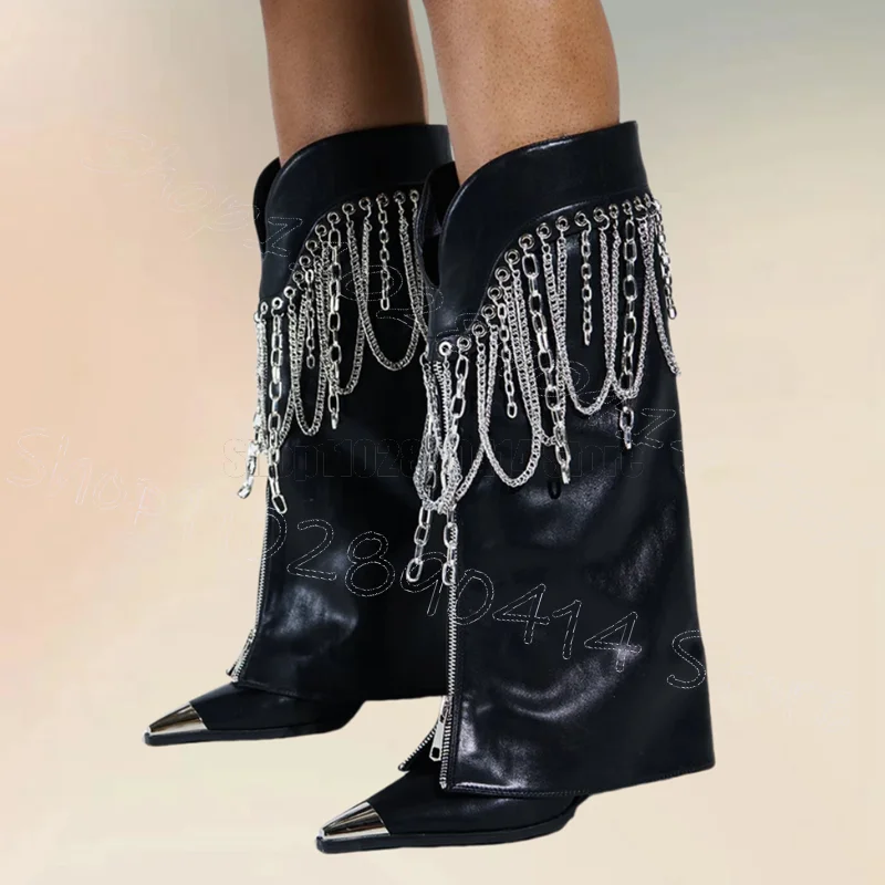 

Metal Chain Pointed Toe Black Matte Leather Boots Slip On Women Shoes Wedges Heel Fashion Party Banquet 2025 Zapatos Para Mujere