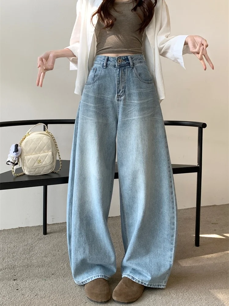 

Ретро-джинсы американского стиля с высокой талией и широкими штанинами для женщин, весна-лето, прямые, в пол, мягкие, удобные, повседневные