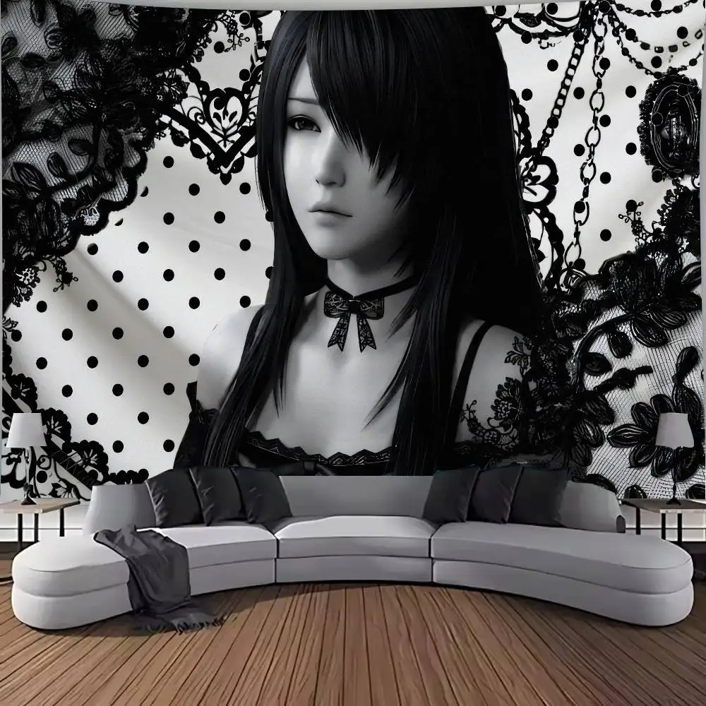 Gothic Anime Girl Tapestry Black White Lace Polka Dot Wall Hanging, Dark Lolita Style Maiden Art Tapestry Gothic Wall Decor