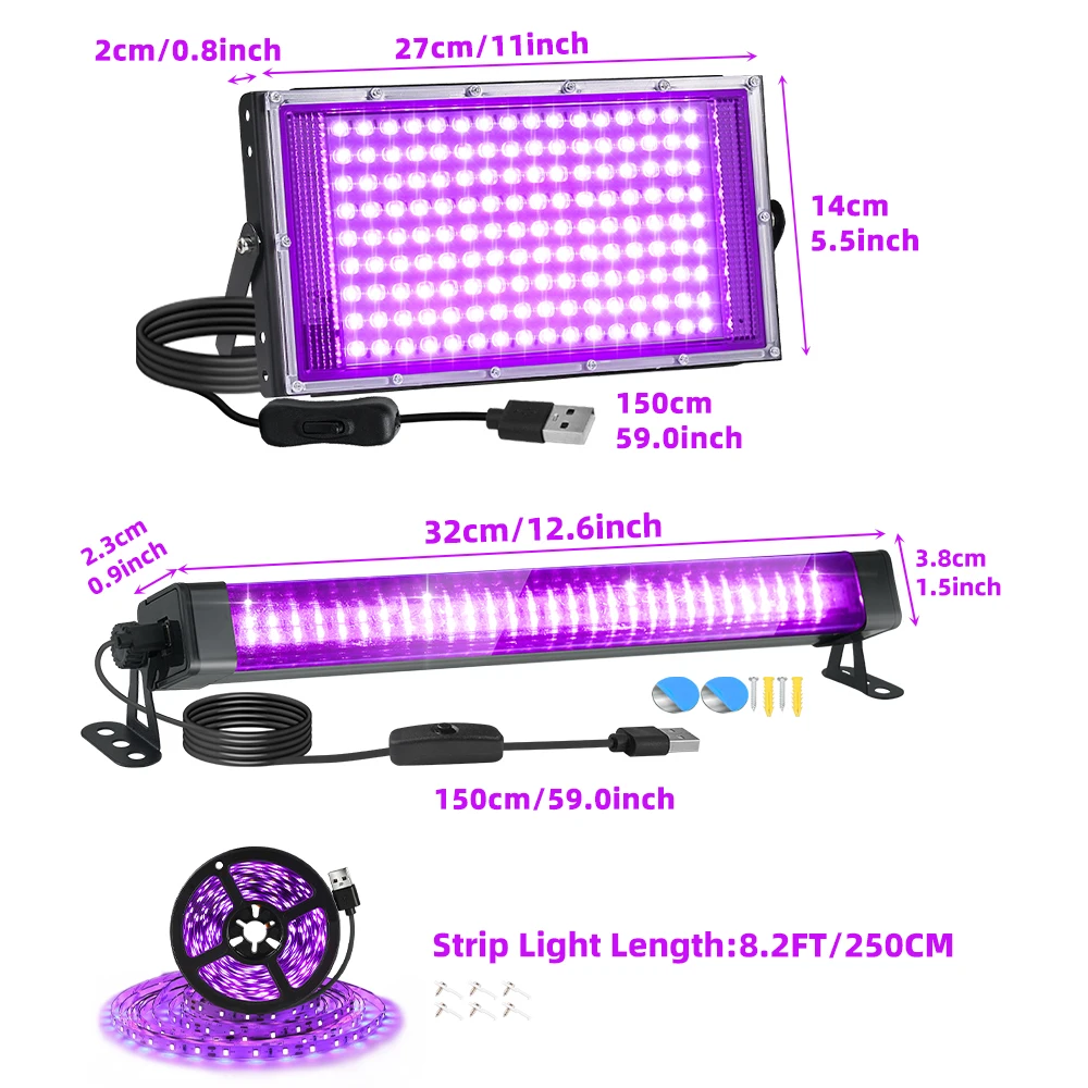 USB Black Light Kit 144LED Flood Light 60LED Blacklight Bar 150LED Purple Strip Light for Glow Party Bedroom Decor