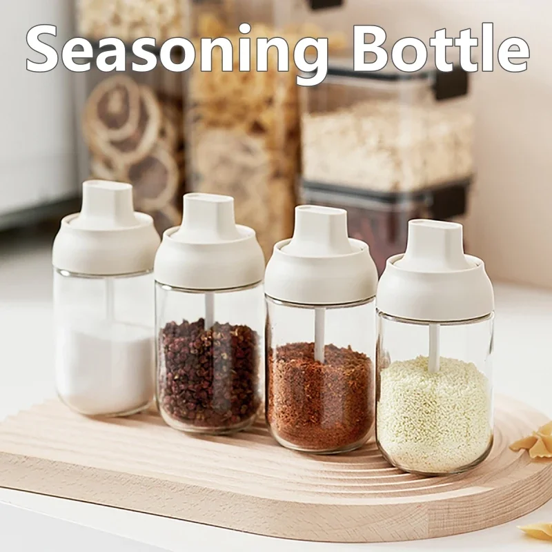 250ML Oil Bottle Moisture-proof with Lid Spoon Pepper Jar Salt Shaker Multi-purpose Combination Glass Kitchen Seasoning Bottle