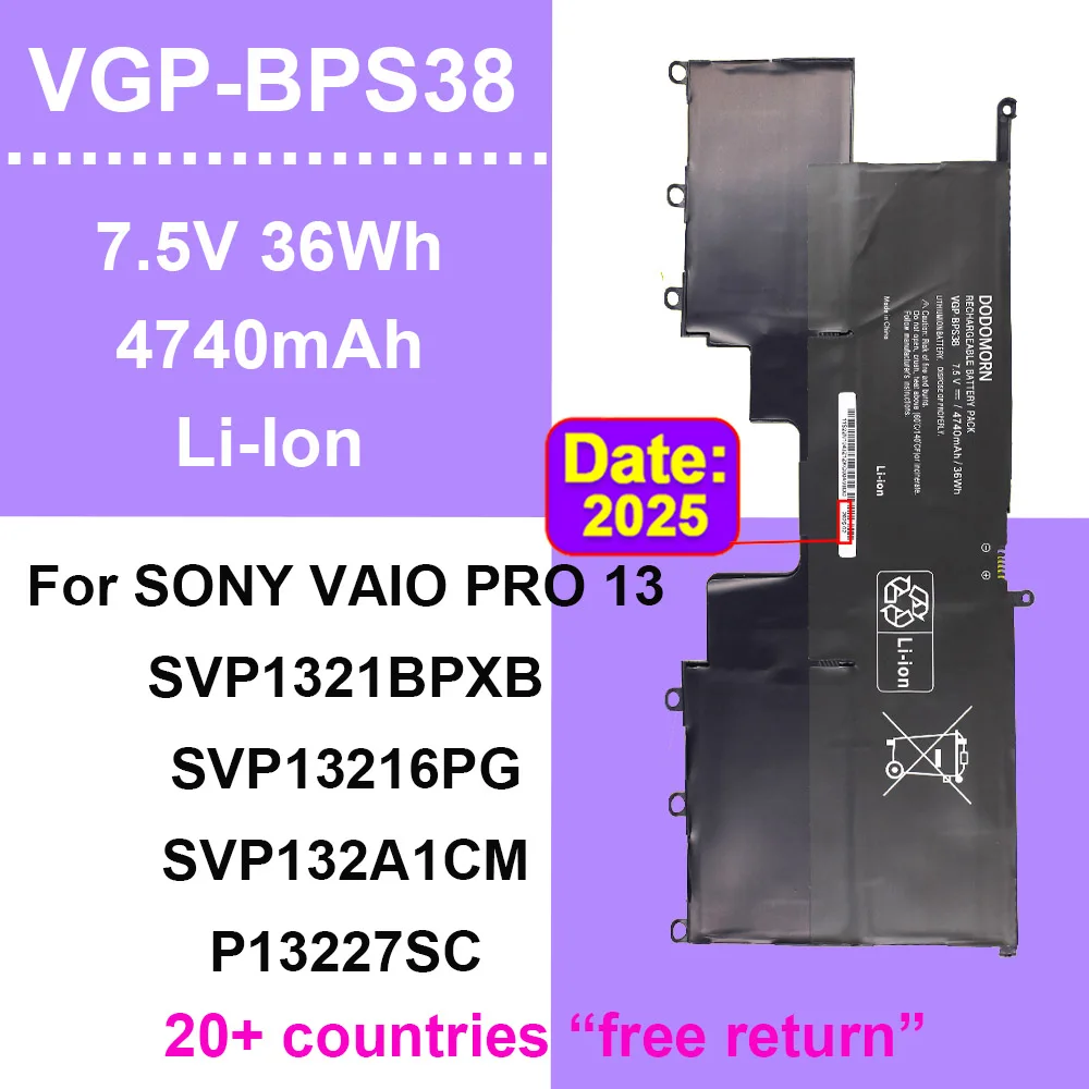

Laptop Battery For SONY VAIO PRO13 SVP1321BPXB SVP13216PG SVP132A1CM SVP11217SCS VGP-BPS38 BPS38 7.5V 36Wh 4740mAh High Quality