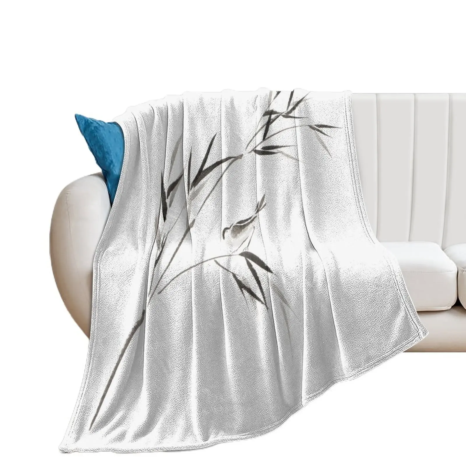 Bird on a bamboo branch Japanese Zen Sumi-e painting on white rice paper art print Throw Blanket Beach Sofa Throw Blankets