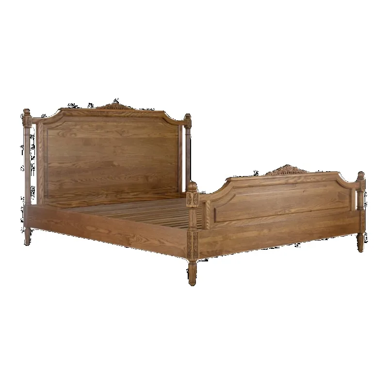 

French all solid wood queen bed American country oak master bedroom wedding bed with sensor light retro single double princess b