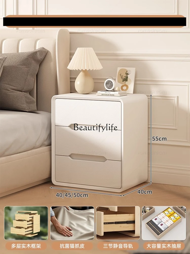 

solid wood bedside table simple modern light luxury minimalist cream wind bedside storage three pumping chest
