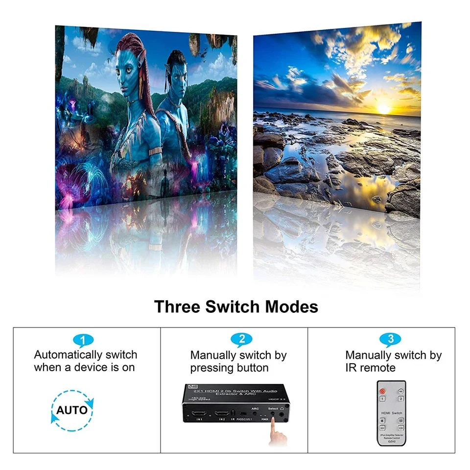 4K HDMI switch Audio Extractor 2 in 1 Out HDMI Switcher with R/L+Toslink SPDIF+COAXIAL Audio Out ARC Audio Switch 2x1 Adapter