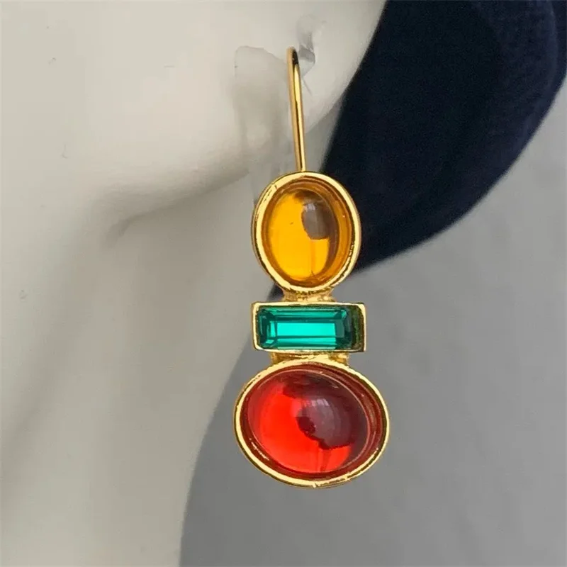 Dazzling Gold Color Round Yellow Green Red Stone Dangle Earrings for Women Fashion Geometry Engagement Wedding Earrings