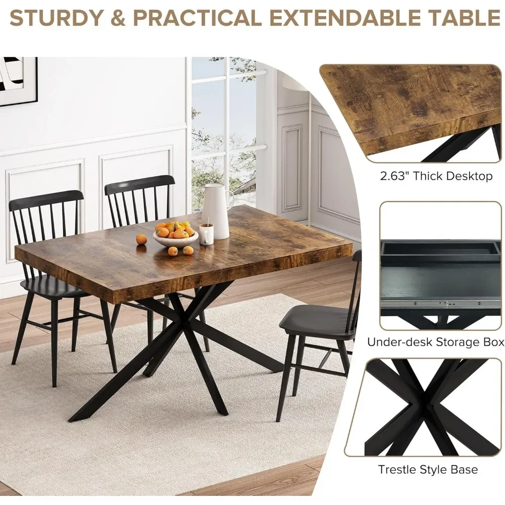 Large Rectangular Expandable Kitchen Table with Storage Compartment,Industrial Long Wooden Conference Meeting Table