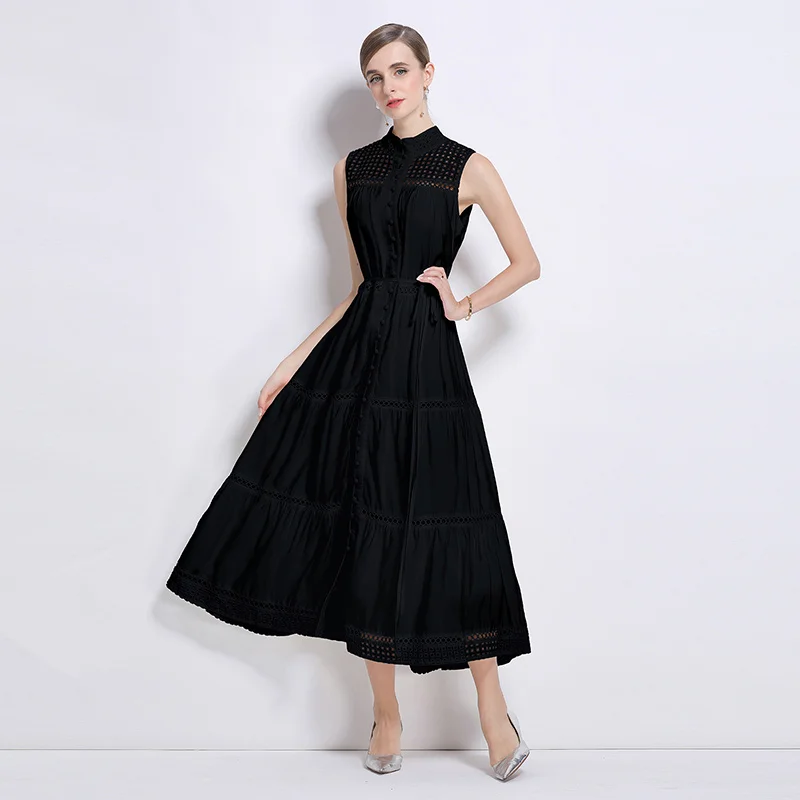 Francuska Sukienka Vintage Elegancka Bez Rękawów Wycięta Haftowana Koronkowa Sukienka Wakacyjna Damska Letnia Jednorzędowa Długa Sukienka Vestidos