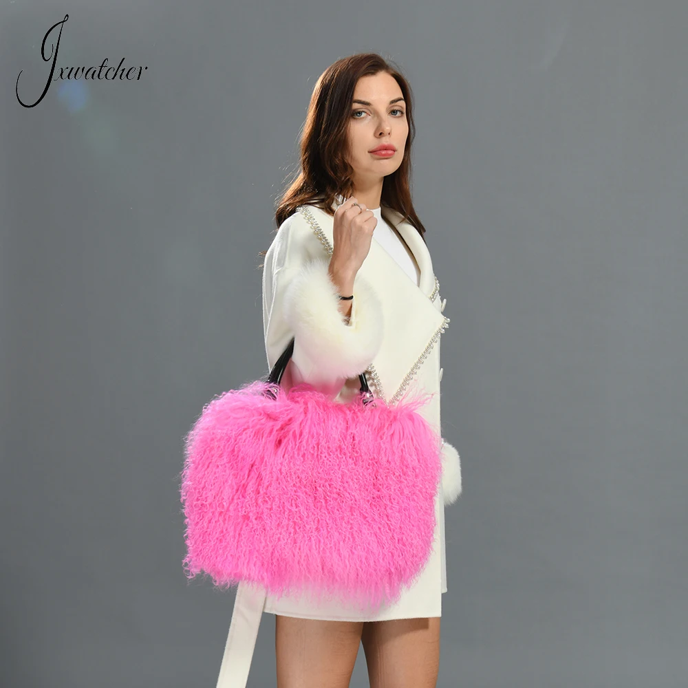 Jxwatcher Real Mongolian Fur Bag for Woman 2024 New Style Ladies Fashion Fluffy Tote Bag Autumn Winter Luxury Girls\' Hand Bag