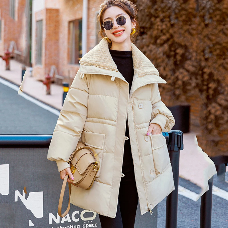 

Winter Lambwool Patchwork Parka Female Puffer Jacket Loose Thick Warm Overcoat 2023 New Women's Winter Cotton Padded Coat