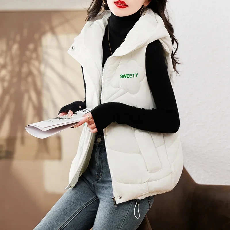 

2024 Autumn/Winter New Female Cotton Vest jacket New Fashion Sleeveless Short Jacket Korean Loose Hooded Women's Waistcoat Tops