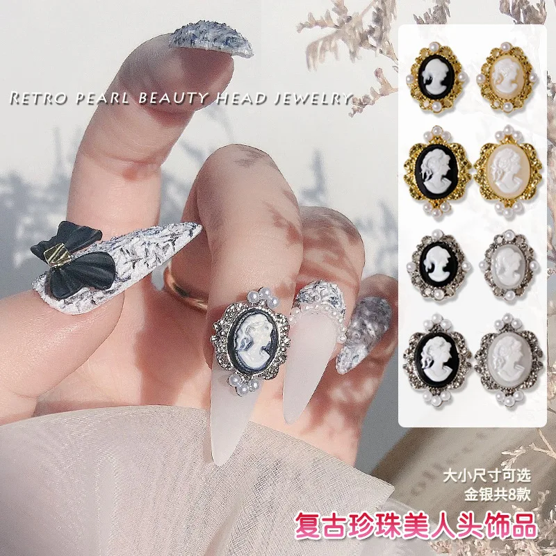 

10pcs Baroque Planetary Cross Punk Nail Charm Retro 3D Rhinestone Diamond European Girl Head DIY Nail Art Decoration Accessories