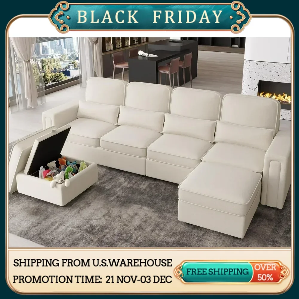 Living Room Sofa, 6 Seats U-Shaped Convertible Couch with Reversible Chaise, Modular Sofa with Pillows & Storage Ottoman, Beige