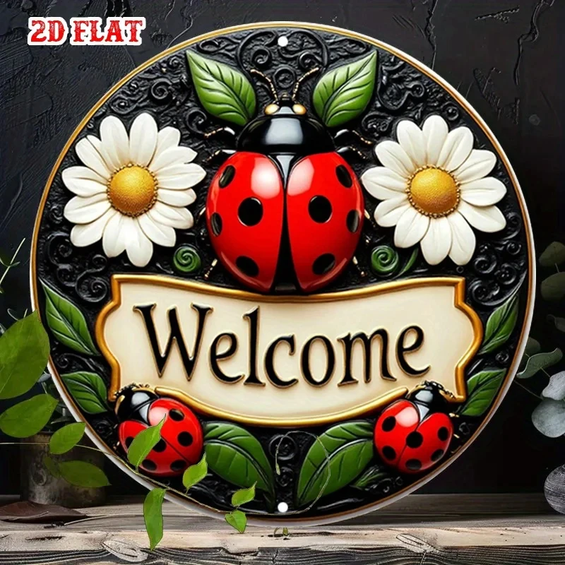 2D surface, 1 piece, courtyard invitation, 7.87X7.87, round aluminum sign, floral decorative round aluminum sign, ladybug design metal