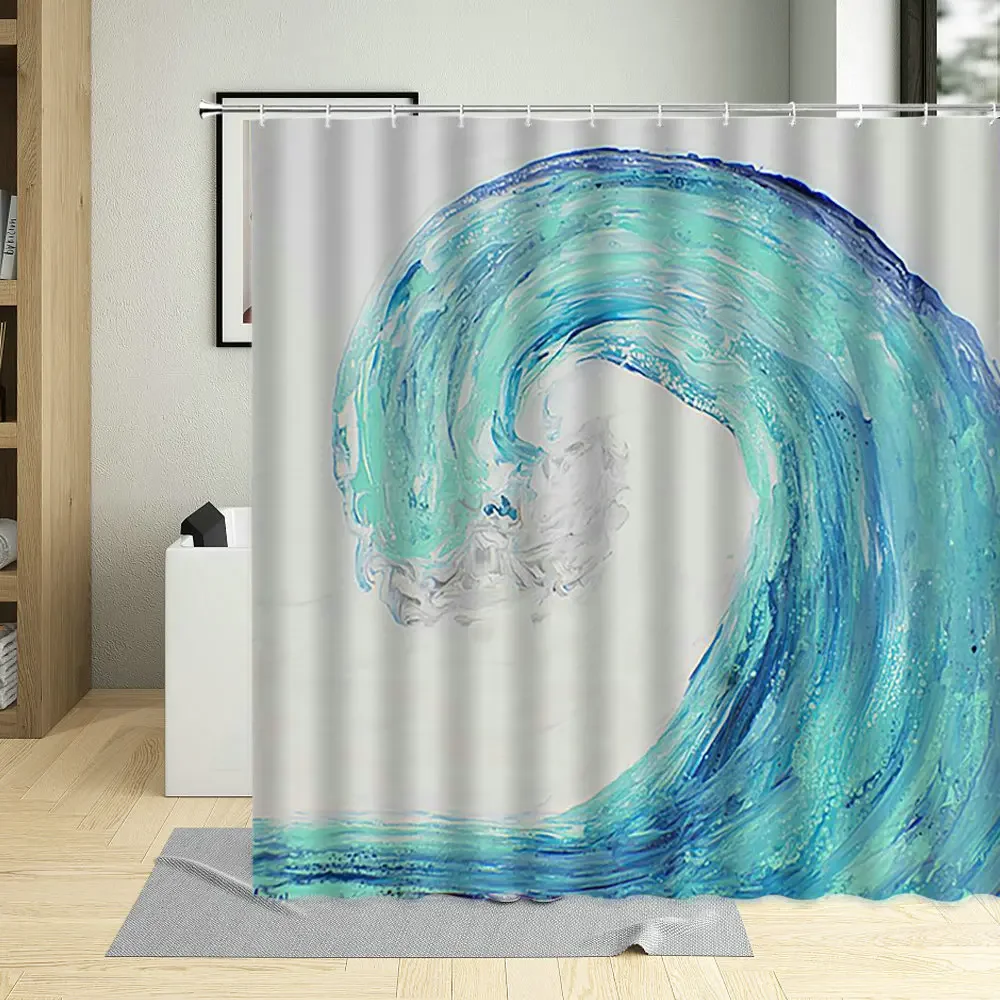 Blue Sea Waves Ocean Printing Bathroom Curtains Waterproof Fabric Shower Curtain Nature Scenery For Living Room With 12 Hooks