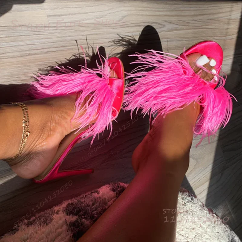 

Rose Red Long Feather Tassel Open Stiletto Slippers Girls Black Fringe Peep Sandals Plush Cute Girl Party Beach Slingback Shoes