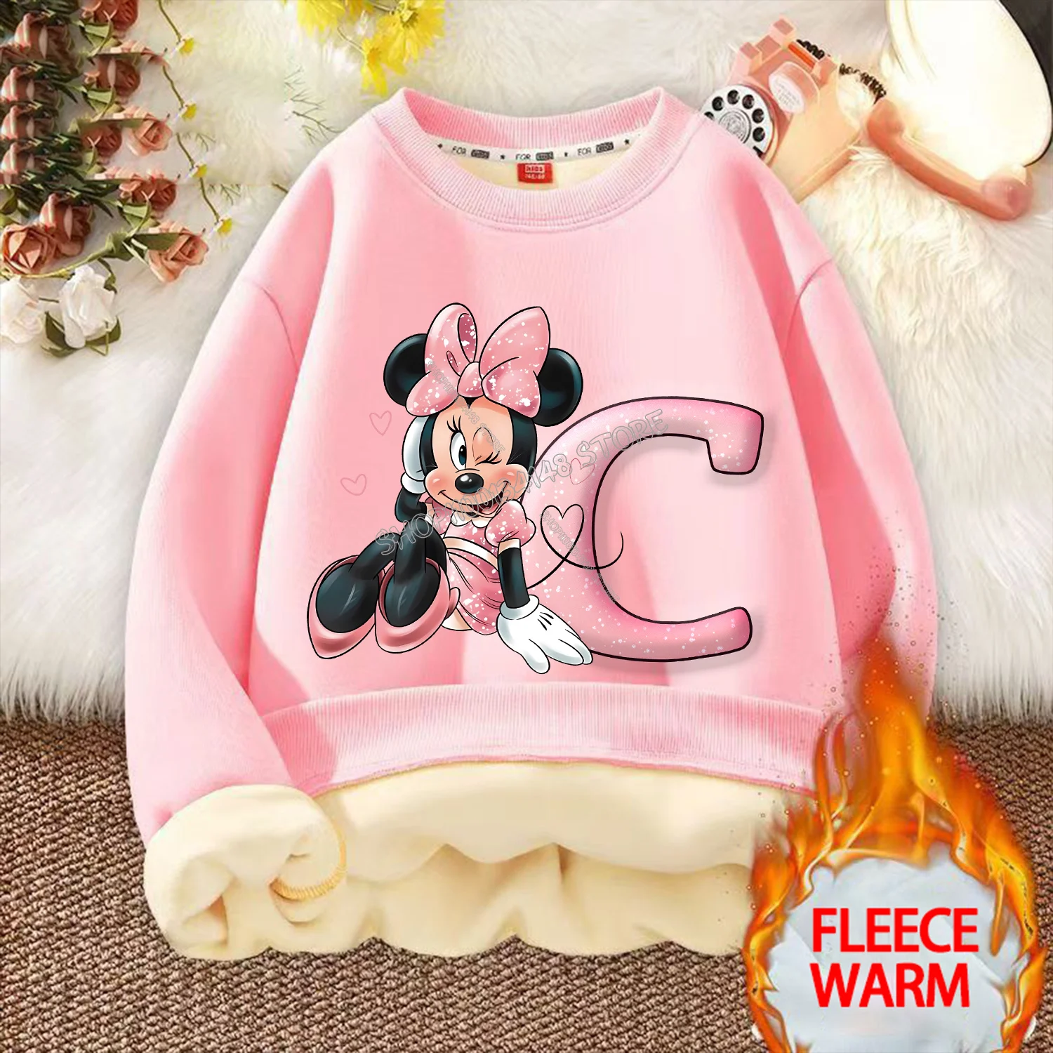 Disney Minnie Mouse Hoodie for Children Cartoon Fleecing Clothing Letter A-Z Girls Hoodies Clothes Kids Winter Warm Sweatshirt