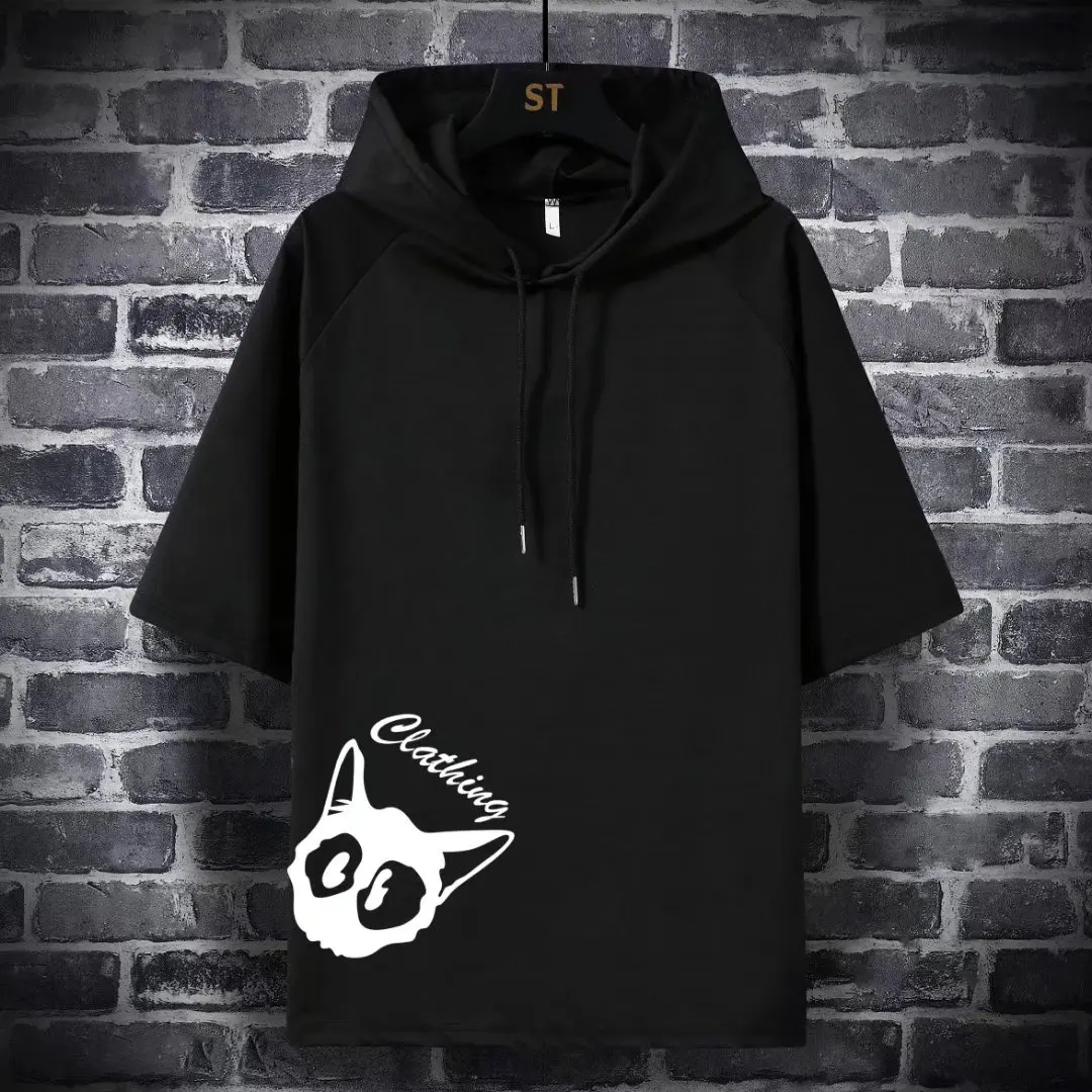 Summer Casual T-Shirt Men\'s Hooded Top Graffiti Style Short-Sleeved T-shirt Fashion High Street T-Shirt Loose Hip-Hop T-Shirt