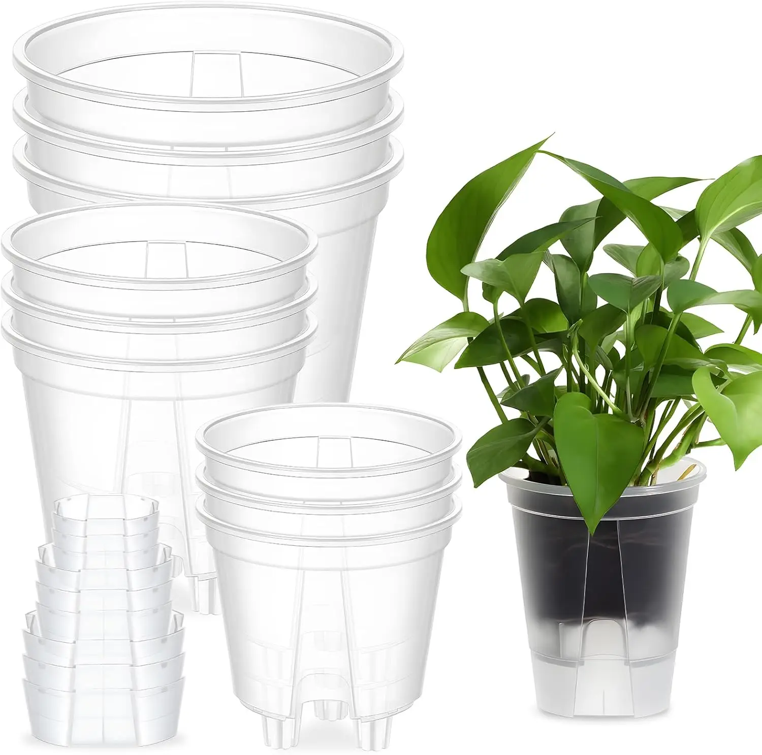 

9 Piece Self Watering Pots with Drainage Holes and Deep Reservoir Clear Flower Pots Flexible Plastic Planter Pot for Ind