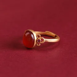 Ancient gold crafts Inlaid Natural Red carnelian oval rings for women Simple Creative Design Opening Retro New in Jewelry