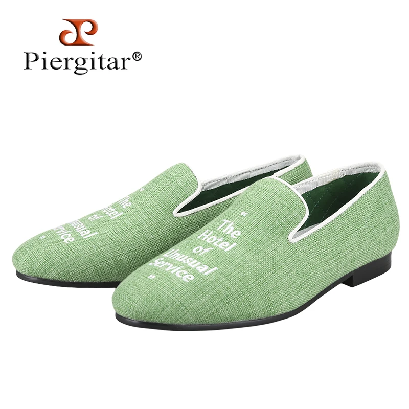 Piergitar Light Green Hemp Fabric Slip-On Loafers With Custom Letters Embroidery Hadnamde Men's Moccasins For Party And Wedding
