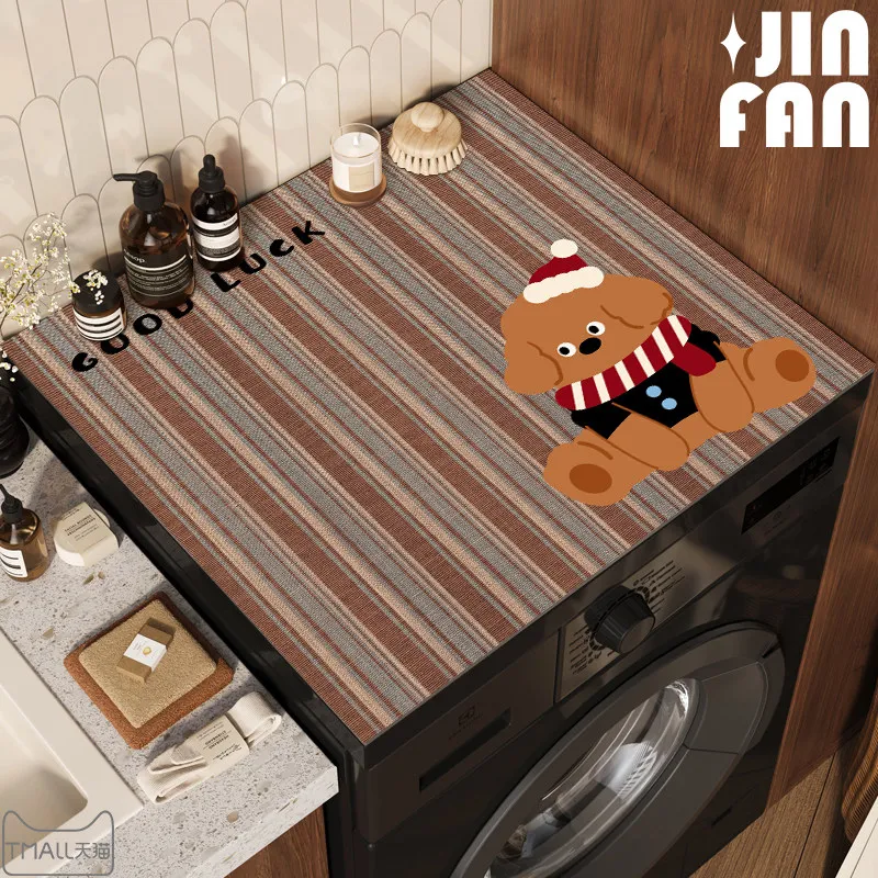 Cute Panda Bamboo Washing Machine Top Cover Mat Plaid Grid Print Waterproof Anti Dust Pad For Laundry Dryer Cabinet Surface