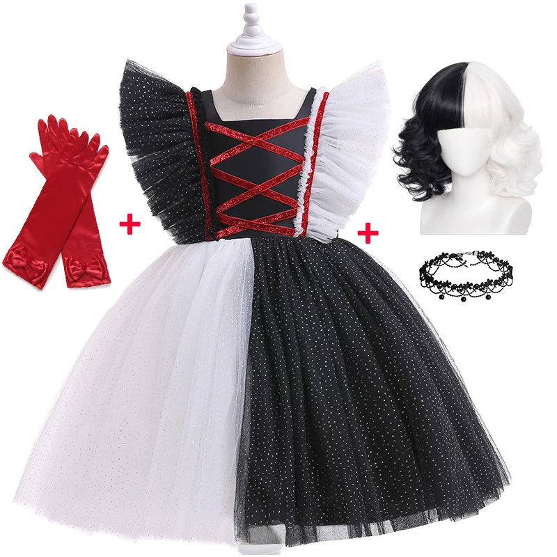 Cruella Costume Dresses for Kid Girls Halloween Black White Evil Witch Cosplay Children Party Clothes Dress Demon Ghosts Costume