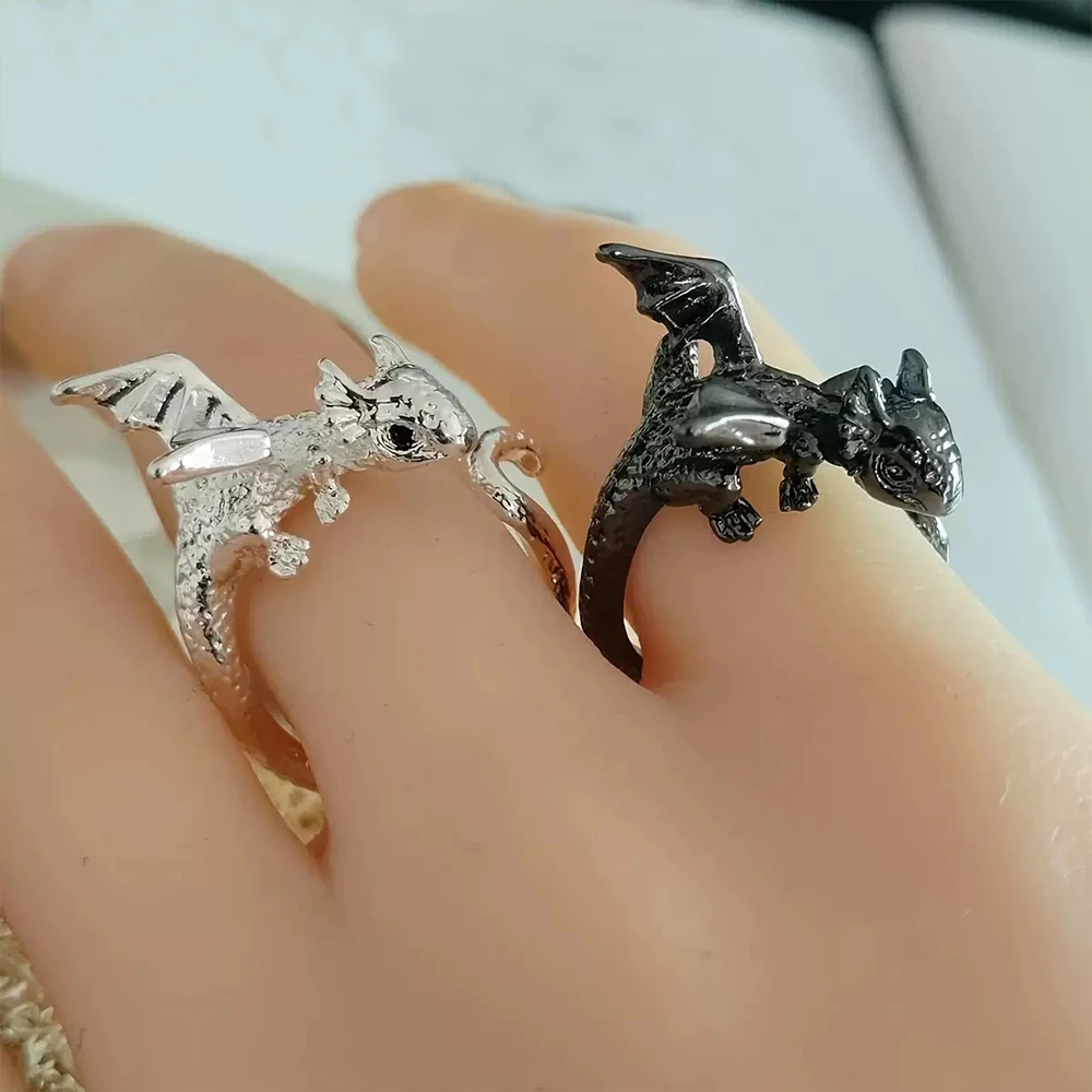 Z3 Vintage Dark Dragon Crochet Knitting Loop Ring Adjustable Metal Punk Cute Animal Thread Ring for Crocheters Sewing Tools