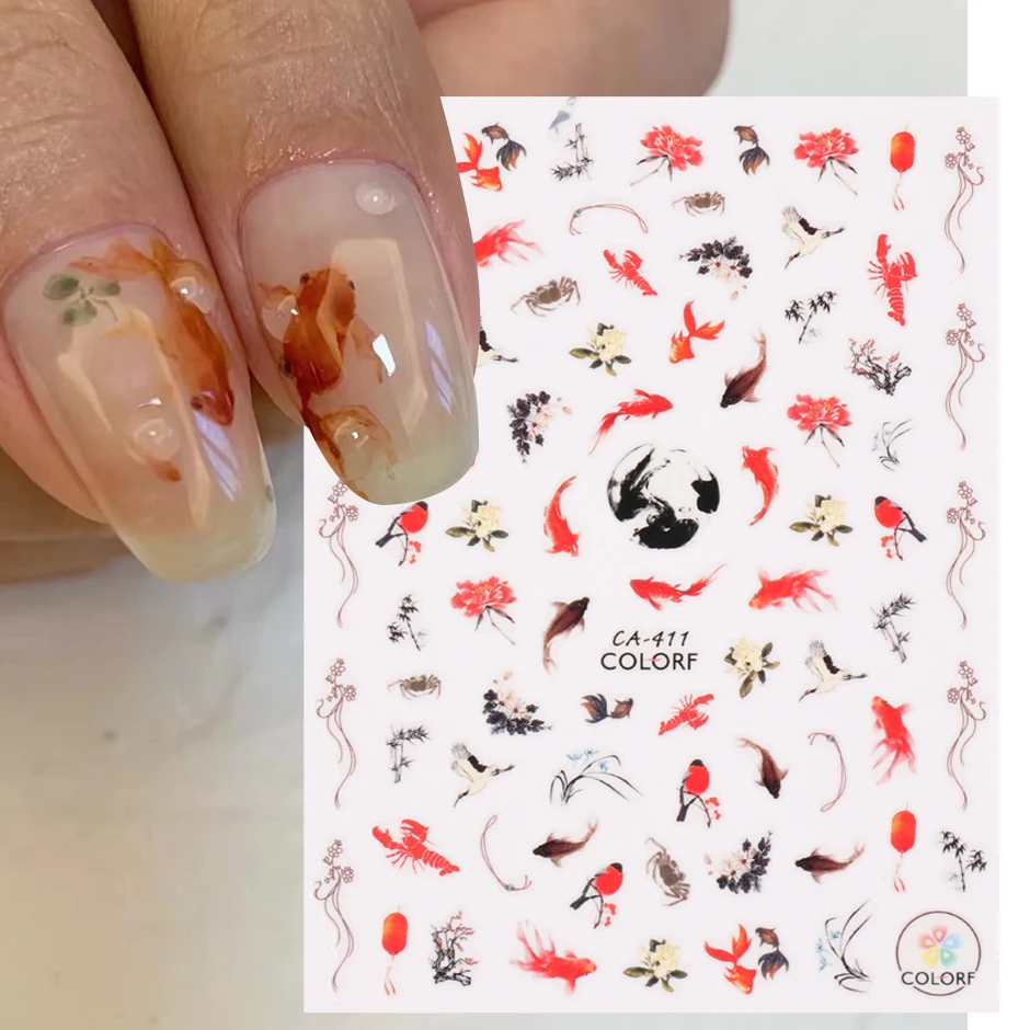 3D Gold Fish Nail Stickers Lucky Koi Vivid Lotus Chinese Ink Painting Sliders for Manicure Adhesive Design DIY Accessories Foils