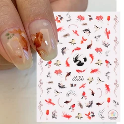 3D Gold Fish Nail Stickers Lucky Koi Vivid Lotus Chinese Ink Painting Sliders for Manicure Adhesive Design DIY Accessories Foils