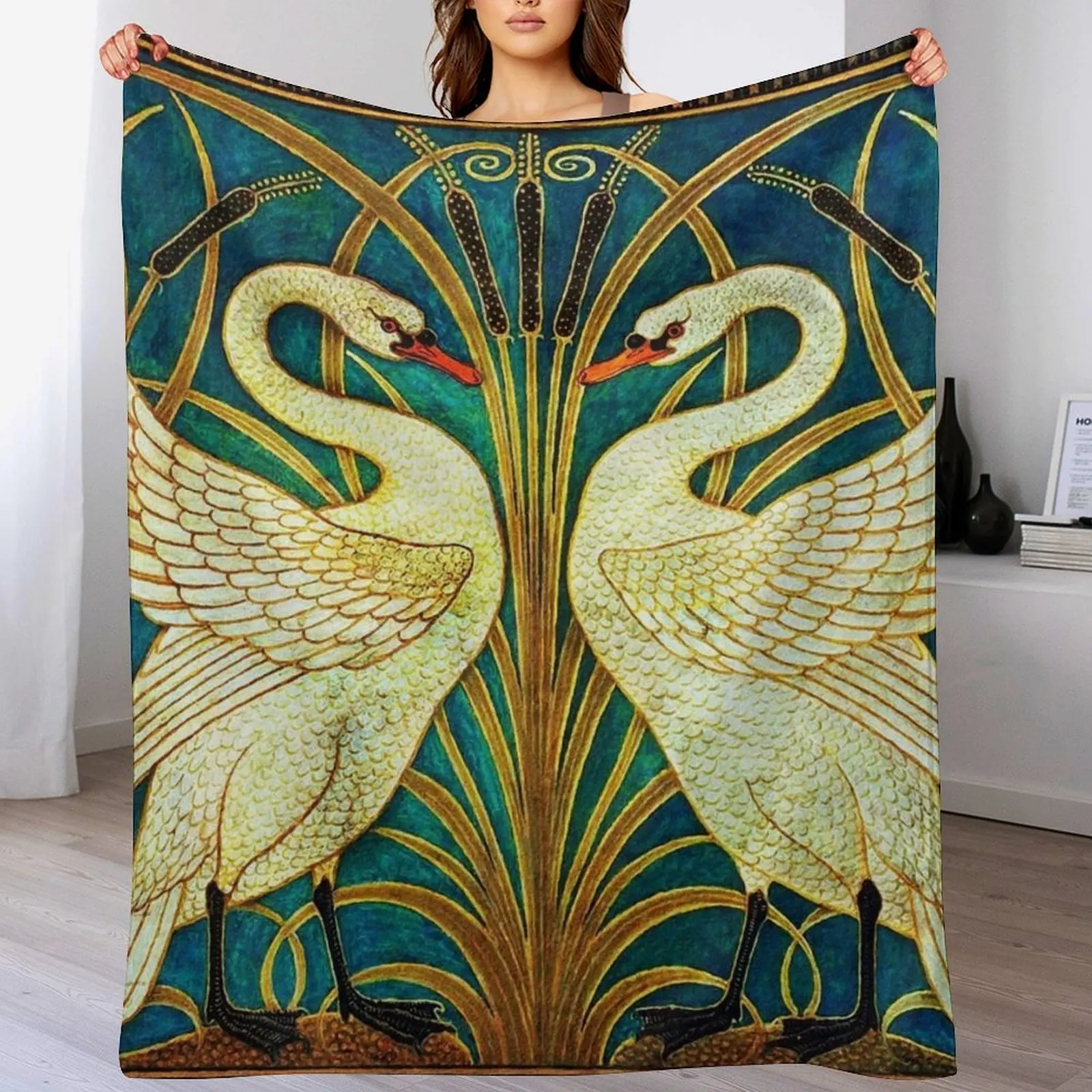 TWO WHITE SWANS AMONG REEDS IN BLUE Art Nouveau Animals Throw Blanket Picnic Custom Sofa Throw Blankets