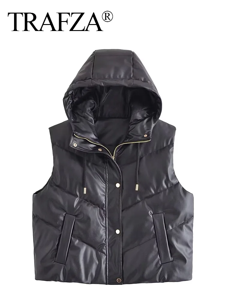 

TRAFZA Women Fashion Casual Hooded Padded Sleeveless Single-breasted Vest Female Winter Zipper Pocket Outerwear Warm Waistcoat