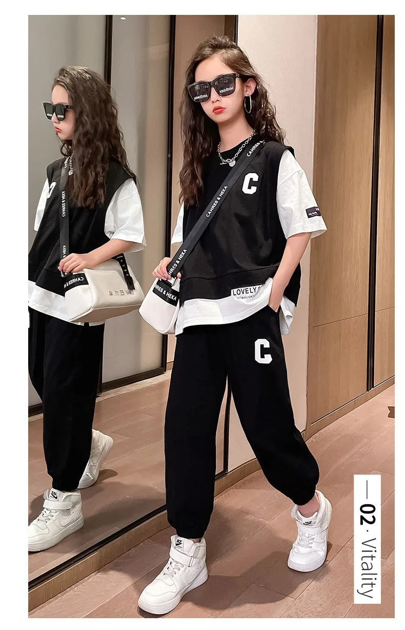 2PCS 2023 new Summer teens Girls Clothes children Sets Outfits Kids loose T-shirt + ankle-tied Pants tracksuit 6 8 10 12 14 Year