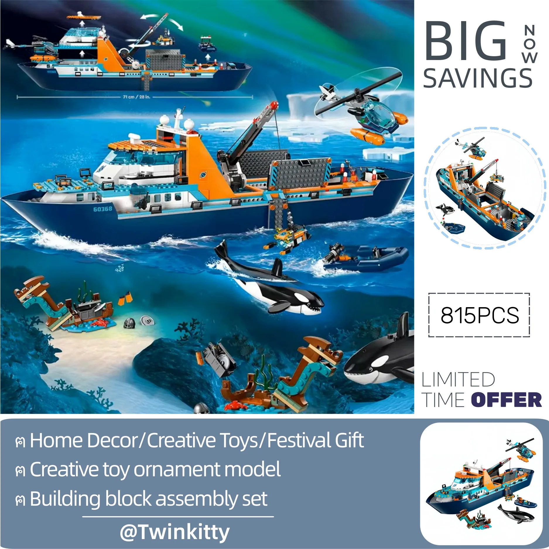 En Stock, 815 Uds., MOC 60368, recipiente de investigación marina, barco ártico, modelo de bloques de construcción, montar ladrillos para niños, regalos de navidad