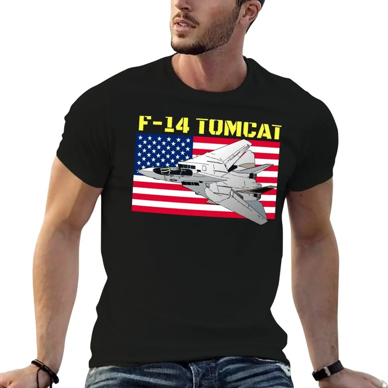 U.S Naval F-14 Tomcat and the American flag. Fun pilot and aircraft T-Shirt vintage clothes plus sizes plain white t shirts men