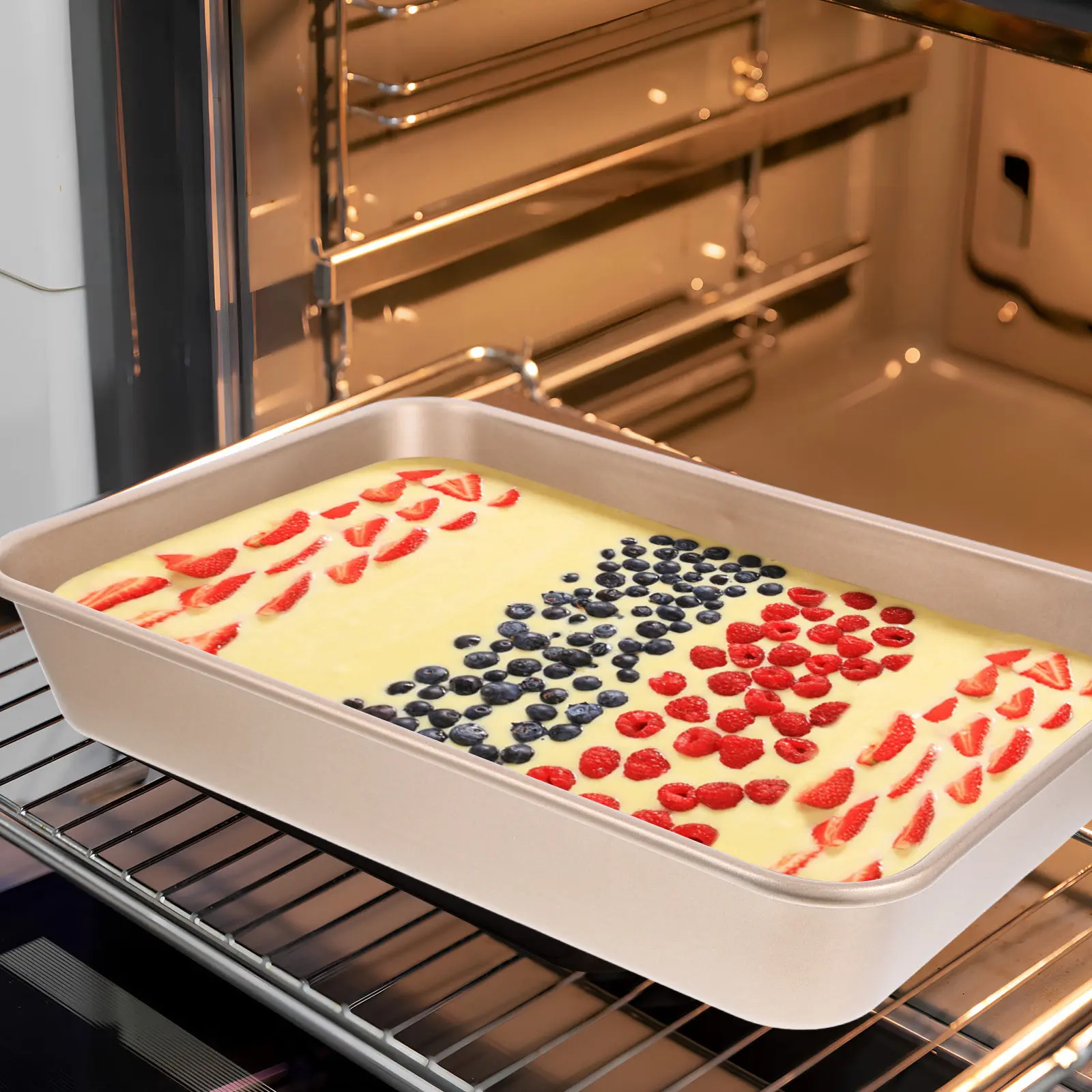 3Pcs Deep Rectangular Baking Pan Set 9 11 13 Inch Nonstick Carbon Steel Cake Lasagna Bread Pan Gold Finish Oven Toaster Oven