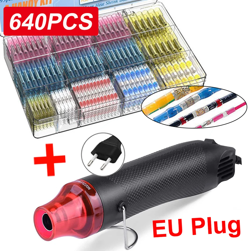 640PCS Waterproof Heat Shrink Butt Crimp Terminals Solder Seal Electrical Wire Cable Splice Terminal Kit with Hot Air Gun