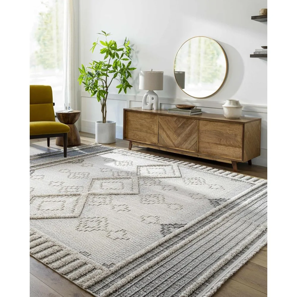 Farmhouse Living Room Bedroom Area Rug - Soft Shaggy High Low Carpet, Bohemian - Brown, Cream - 6'7