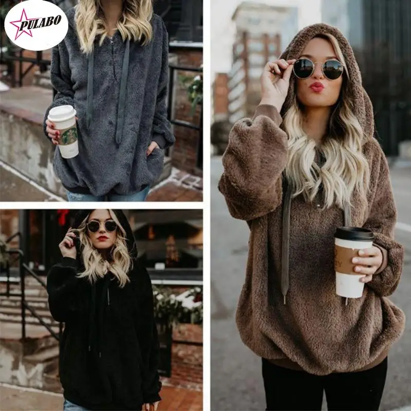 Pulabo Womens Sherpa Pullover Fuzzy Fleece Sweatshirt Oversized Hoodie Met Zakken Winter Hoodies Losse Jas Met Capuchon