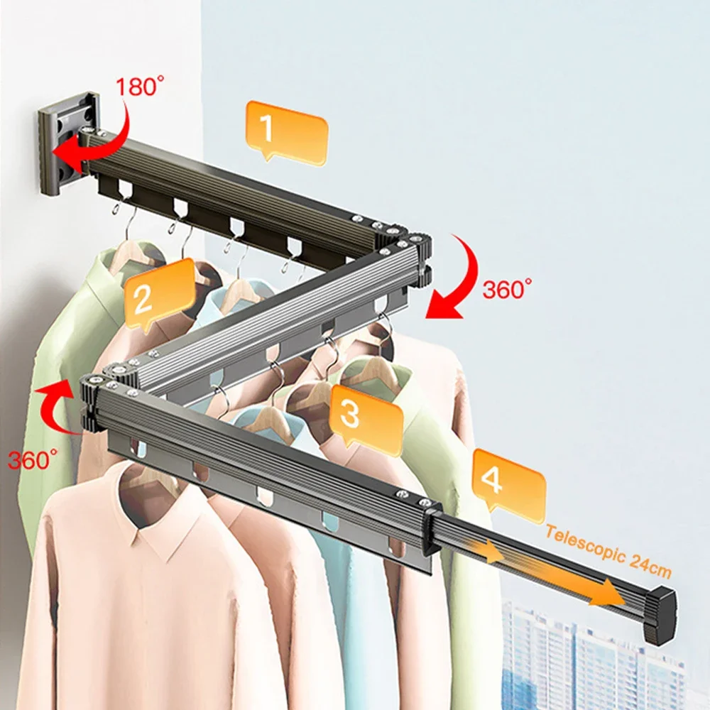 Hot Sale Foldable Clothes-drying Rack Clothesline Retractable Wall Mounted Clothes Hanger Rack Space-saver Balcony Hanging Rack