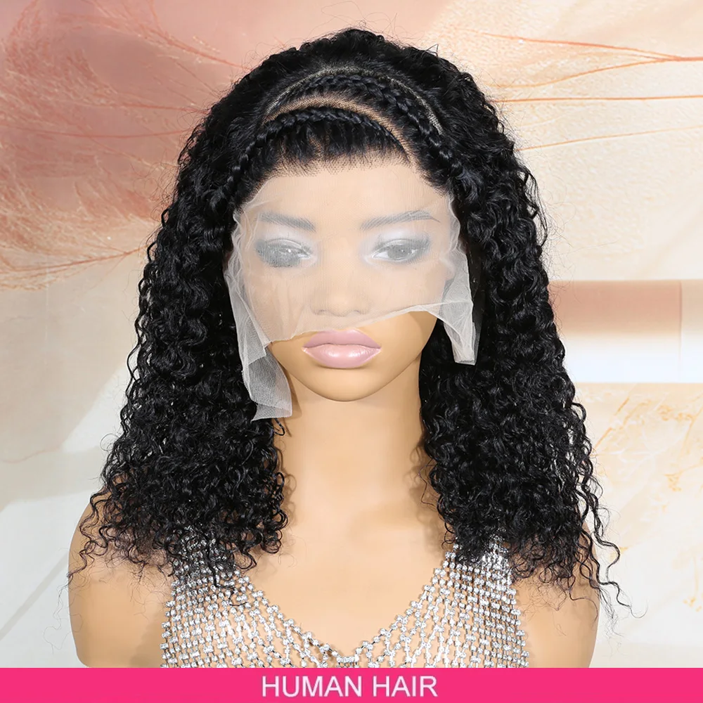 13x4 Lace Frontal Braided Curly Bob Wigs for Women, 100% Human Hair Knotless Braided Hair Wigs, Lace Front Wig with Kinky Curly