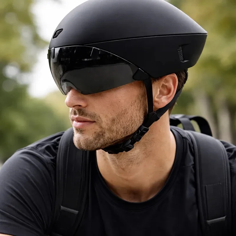 Casco de Ciclismo TT Enduro con Lentes de Protección, Casco de Triatlón Tri Aero para Bicicleta de Carretera, Casco de Ciclismo de Carreras para Hombre, Casco Ciclismo