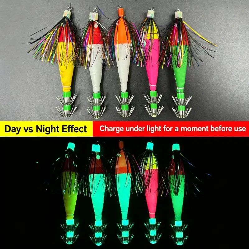 5 Stück Leuchtende Tintenfisch-Köder Bunte Glitzer-Kunstköder Doppelschicht-Schirmhaken Meeresangelzubehör für Outdoor-Angeln – Detail 6
