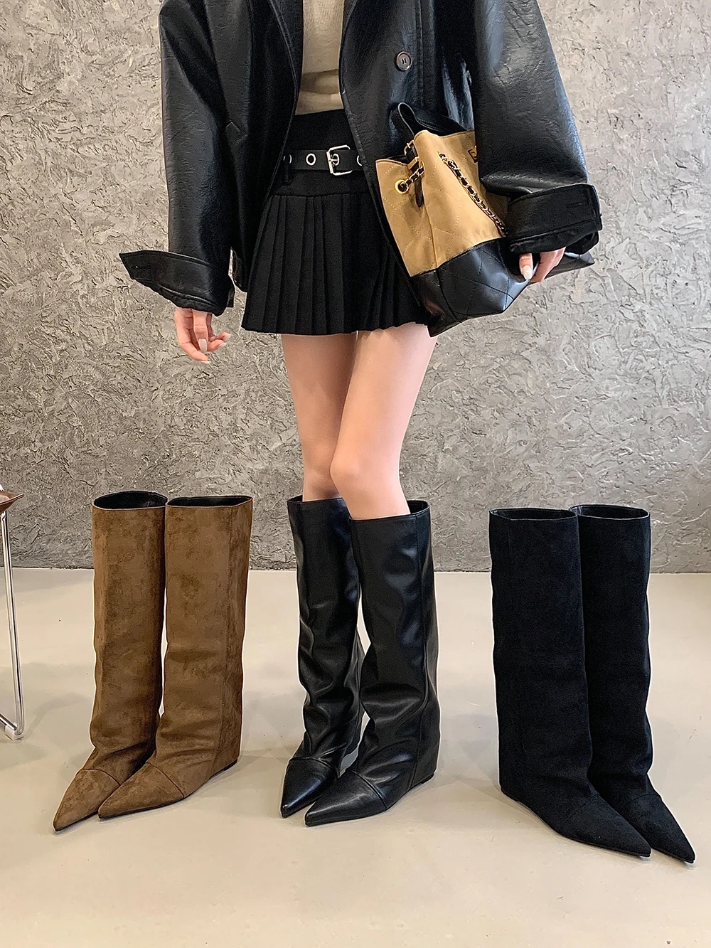 

Pointed Toe Women Knee High Boots Black Brown Wedge High Heels Slip On Winter Botas Size 35-40 Party Pumps Shoes PU Leather